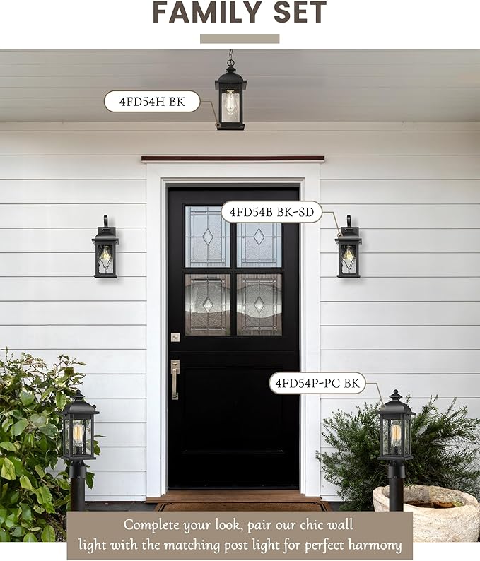 FEMILA Outdoor Wall Light Fixture,1-Light Exterior Waterproof Wall Sconce, Front Porch Lights, Matte Black Finish with Water Ripple Glass,E26 Socket, 4FD54B BK-SD