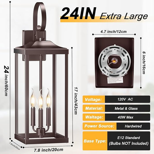 24" Extra Large Outdoor Wall Light for House, Oil Rubbed Bronze 3-Light Waterproof Exterior Porch Lamp Wall Mount, Modern Outside Wall Sconce Coach Light Brown, E12, 1-Pack