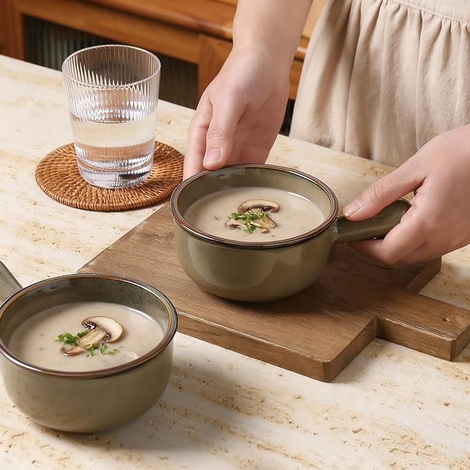 MONITO 16 Oz French Onion Soup Bowls, Ceramic Soup Bowls with Handles, Stackable Soup Crocks Oven Safe for Chili, Beef Stew, Cereal,Casseroles Microwave & Dishwasher Safe, Set of 4, Brown Green