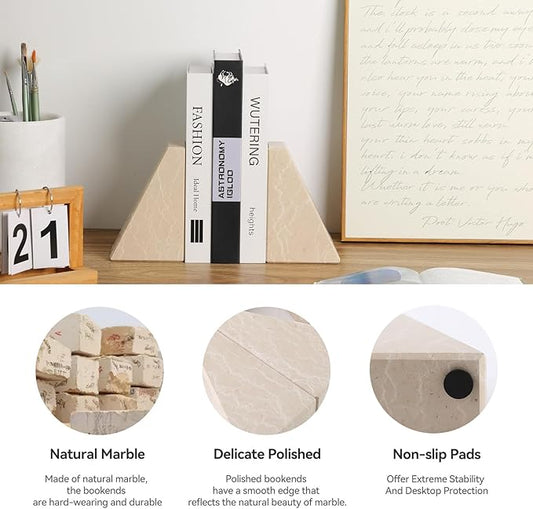 Marble Bookends for Heavy Books, Decorative Book Ends for Shelves, Durable and Heavy-Duty Stone Bookends for Hardback Book & CDS, Unique Book Stopper & Holder, New Jura Beige-Vein, Set of 2