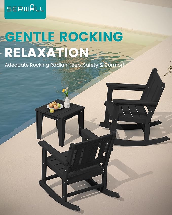 SERWALL 3 Piece Rocking Bistro Set, HDPE Patio Furniture Set with Bistro Table and Chairs for Backyard,Porch, Poolside, Balcony, and Garden- Black