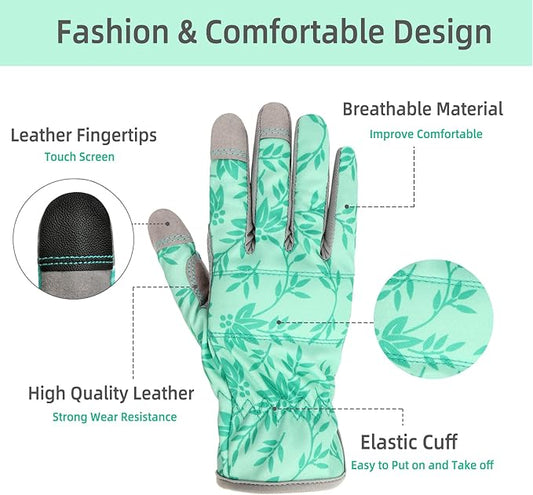 Leather Gardening Gloves for Women, Flexible Breathable Garden Gloves, Thorn Proof Working Gloves for Weeding, Digging and Pruning, Green, X-Small Fit Small Hand
