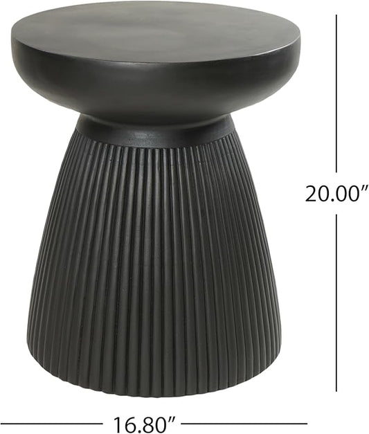 Christopher Knight Home Round Side Table, Outdoor Concrete End Table, Vertical Texture Accent Table, Decorative Side Table, Stylish End Table for Patio Balcony Beach Pool Side, Matte Black