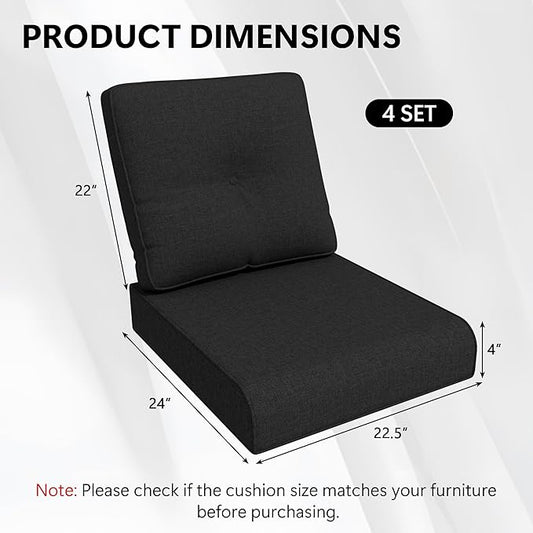 Outdoor Chair Cushions Set for Patio Furniture, 22x25/22x24 Inch, Waterproof & Fade Resistant Patio Chair Cushions, Thick Patio Furniture Cushion for Chair, Sofa, and Couch (Black, 4 Set)