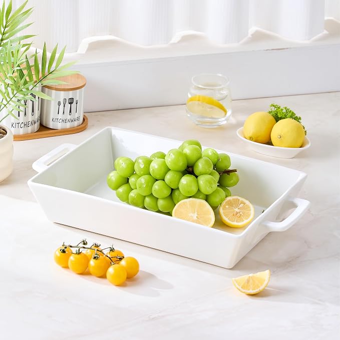 4.6 Qt Large Rectangular Ceramic Baking Dish, 14x10 Inch Deep Casserole Lasagna Pan with Handles for Cooking, Roasting, Serving, and Daily Use, Safe for Oven Microwave Dishwasher Freezer