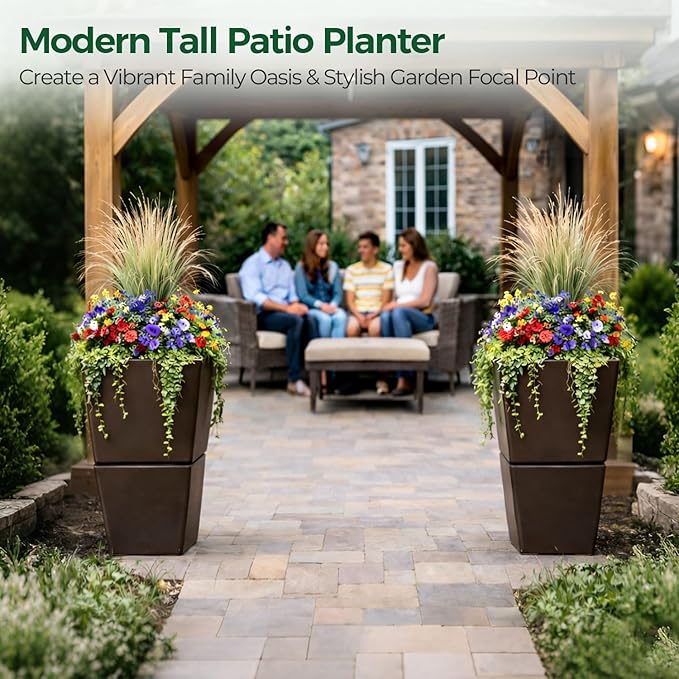 T4U Tall Planter for Outdoor Plants, 24.8 Inch Outdoor Planters for Porch Set of 2, Large Planter for Indoor & Outdoor Plants with Wheels Drainage Plug, Front Porch, Patio, for Home Decor (Dark Brown)