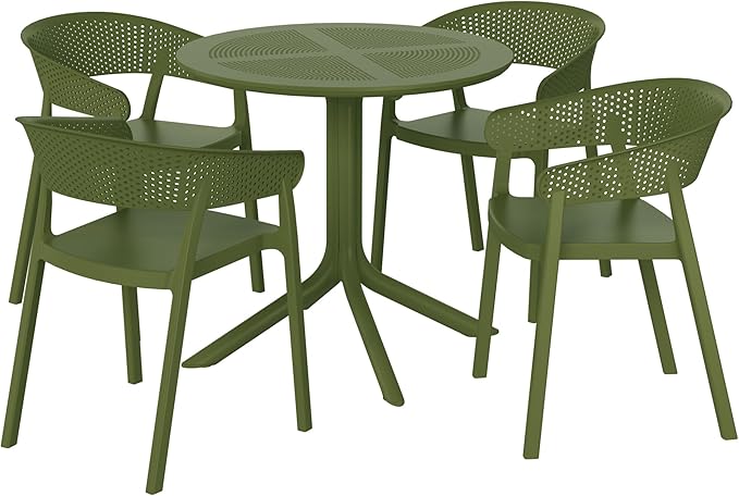 Costaelm Dining Table Set for 4, HDPE Patio Round Dining Table and Stackable Chair, Kitchen & Dining Room Sets All Weather for Backyard Porch Poolside, Olive Green
