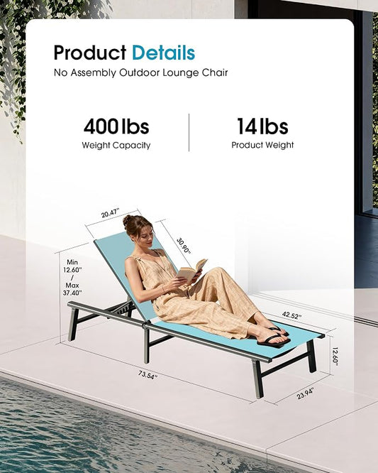 Aluminum Outdoor Lounge Chairs Set of 2- No Assembly Needed, Foldable Patio Chaise Lounge with 5 Adjustable Positions, Reinforced Frame for Extra Durability, Pool Beach Lounge Chairs, Lake Blue