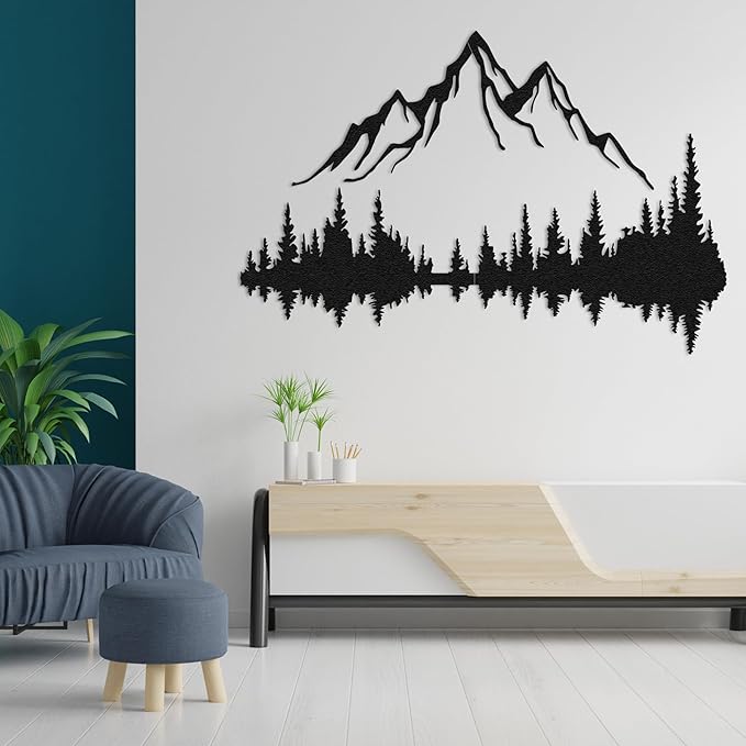 Mountain Lake Forest Large Metal Wall Art Black Minimalist Nature Silhouette Wall Decor Outdoor Landscape Wall Sculpture for Living Room, Bedroom, Kitchen or Office (Black, 24W'' x 16L'', Unframed)