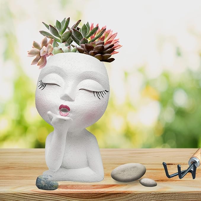Handmade Face Flower Pots Standing Air Kiss Head Planter Pot for Trailing Plants Cute Succulent Planter Resin Planters Funny Face Planters with Anti-Friction Pads White 1Pack