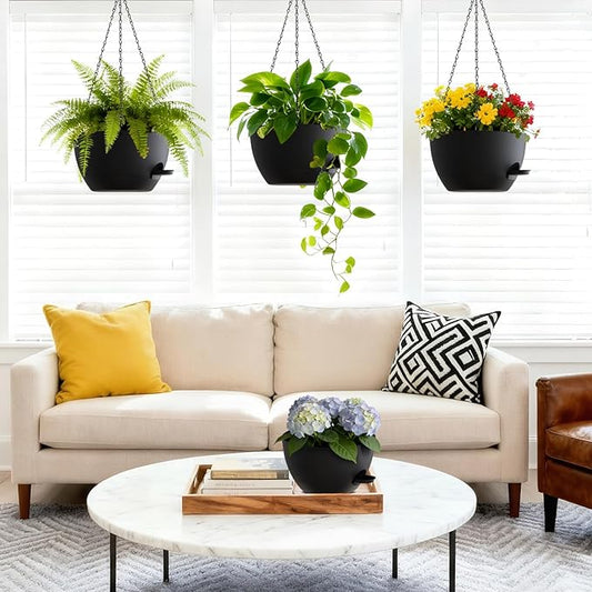 UOUZ Set of 3-10 Inch Self Watering Hanging Planters for Indoor & Outdoor,Hanging Plant Pots with Drainage & Removable Tray, Hanging Pots Holder for Ivy, Spider Plants, Ferns, Balcony & Patio, Black