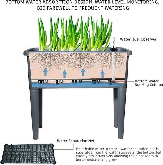FENCETECH 20.8 Gallon Self Watering Raised Garden Bed with Greenhouse Cover, 30" x 25.6" x 15" Plastic Plant Box with Legs and Drainage Plug, Grey