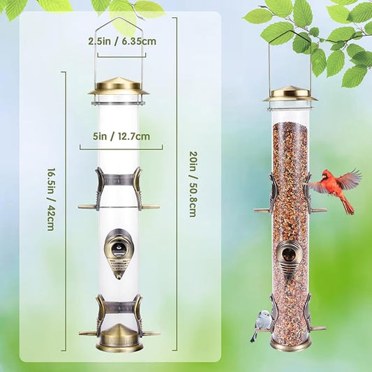 MIXXIDEA 1PK Metal Wild Bird Feeder,Squirrel Proof Bird Feeders for Outside,Hanging 6 Port Tube Bird Feeder Transparent Finch Bird Feeder for Attracting Birds in Your Lawn, Garden, Balcony-Bronze
