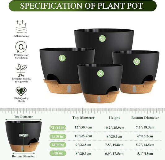 Plant Pots, 4 Pack 12/10/9/8 Inch Self Watering Pots with Drainage Holes, Water Level Indicator Deep Reservoir, Large Planters for Indoor Outdoor Plants - Black Brown