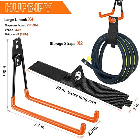 HUPBIPY Heavy Duty Garage Hooks 4 Pack, 7.7 inch U Shaped Long Hanger, with 2 Extension Cord Holder Organizer, Wall Mounted Storage System, for Power and Garden Tool Hanging, Ladders, Bikes, Hose