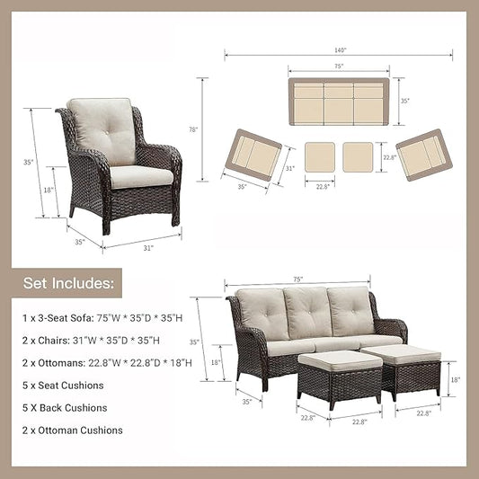 HUMMUH 6 Pieces Patio Furniture Set with Fire Pit Table High Back Outdoor Conversation Set Wicker Patio Couch Outdoor Chairs Ottomans for Balcony Garden,Lawn,Deck