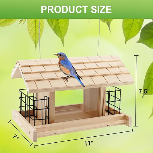 Wooden Bird Feeder for Outdoors Hanging Mount Large Capacity, Pine Garden Roof Feeder with 2 Suet Cages, Cardinal Bluebird Birdfeeder for Garden Decoration Yard, Weatherproof Durable