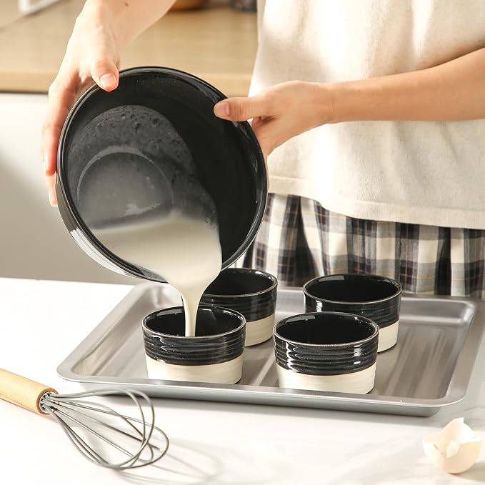 Hasense Ceramic Ramekins Set of 6, 8 Oz Oven Safe Mini Bowls, Black & Beige Farmhouse Ramekins for Creme Brulee, Souffle, Lava Cake & Dipping Sauces, Kitchen Decor