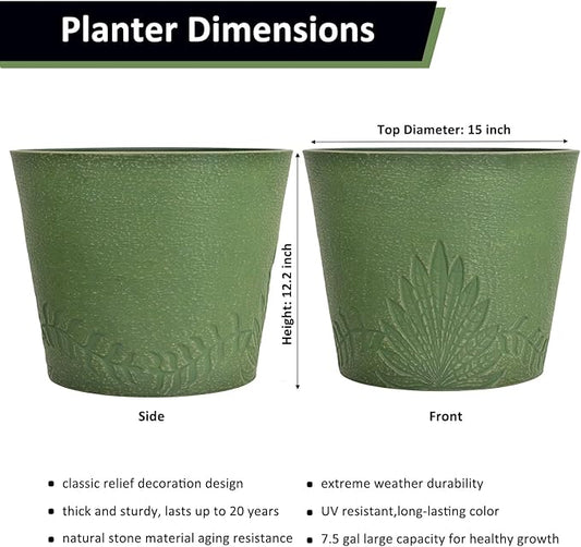 GreenShip 15 inch Large Planters, Set of 2 Relief Planters - Recycled Resin & Stone Composite Flower Pots - Weather Resistant Lightweight Garden Pots for Indoor Outdoor Plants (Olive)