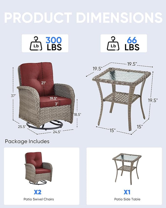 3 Pieces Patio Bistro Set Outdoor Swivel Rocker Patio Chairs with Side Table Patio Furniture for Deck Porch Garden Balcony Poolside