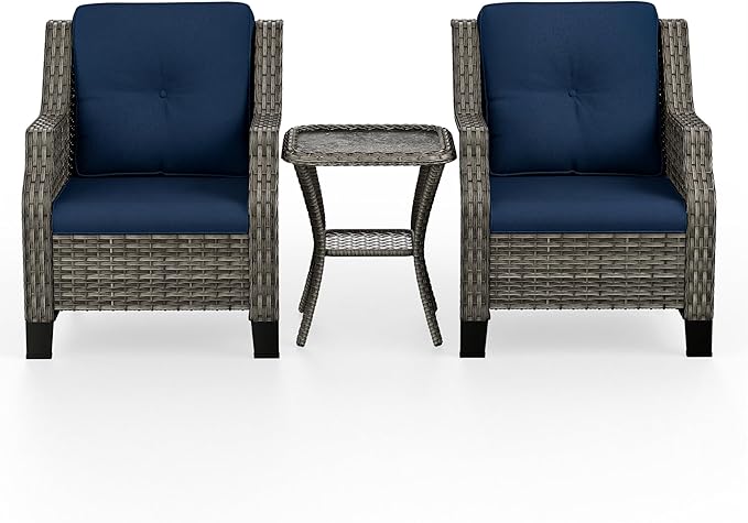 Patio Furniture Set 3 Pieces-Patio Chairs Set of 2 and A Side Table with Thick Cushions and All-Weather PE Wicker for Garden, Patio and Porch, Navy