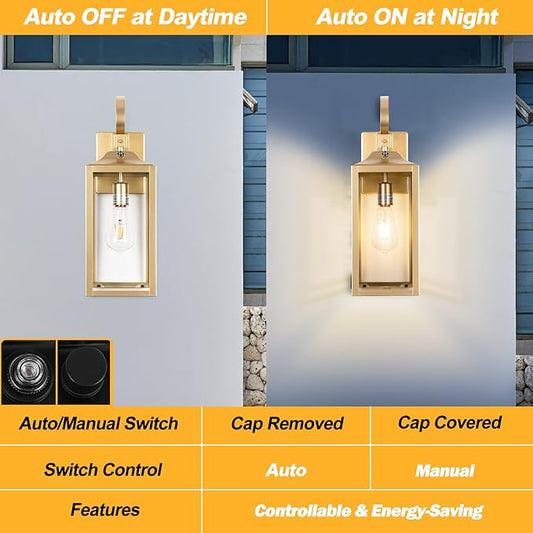 19" Large Dusk to Dawn Outdoor Wall Light, Gold Porch Light Outdoor Wall Lantern Industrial Wall Mount Light Fixture, Waterproof Modern Porch Lighting Exterior Lamp for House Garage