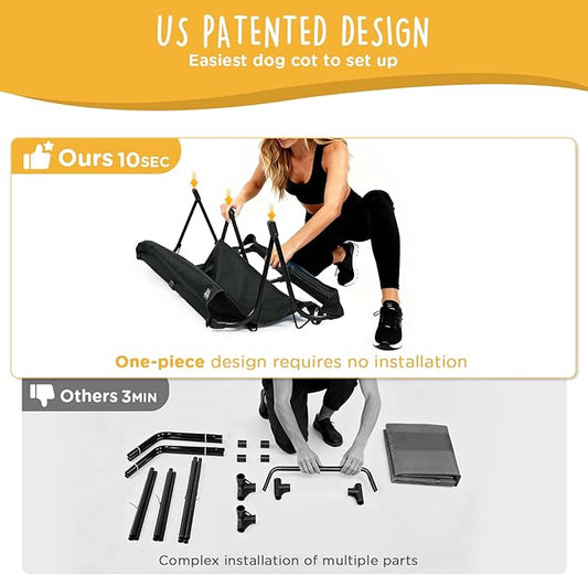 CANINE CANYON Folding Raised Dog Cot, Large Outdoor Elevated Dog Bed, Cooling Chew Proof Pet Cots Bed, Portable, Heavy Duty Up to 160 lbs, Pet Cot for Camping, Home, Black, 43"x27"x7"