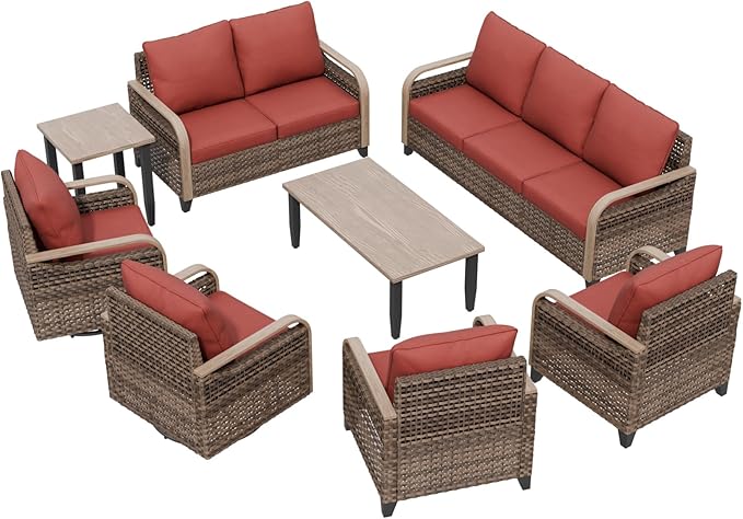 Modern Wicker Patio Furniture Set, Rattan Outdoor Conversation Set, 2 Patio Chairs, 2 Swivel Rocking Chairs, 3 Seat Couch, Loveseat, Coffee Table and Side Table, 8 Pieces, Brown/Red