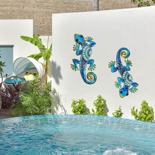 HONGLAND Metal Gecko Wall Art 2Pcs Outdoor Wall Decor Lizard Metal Hanging Wall Decoration Glass Sculpture for Garden Yard Patio Fence Home (Blue)