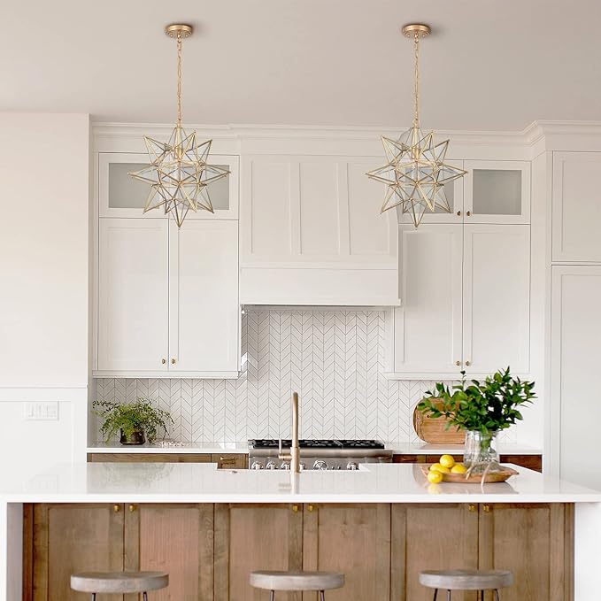 DIRYZON 20 Inch Gold Large Moravian Star Pendant Light Mid Century Clear Glass Hanging Pendant Light for Kitchen Bedroom Porch