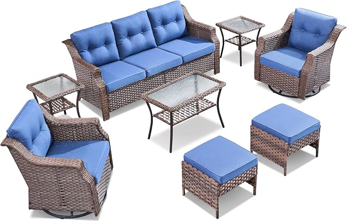 Wicker Patio Furniture Set-8 Piece High Back Outdoor Furniture Set Sectional Sofa with Wicker Swivel Rocker Patio Chairs,Thick Cushions Ottomans for Porch Balcony Patio Deck Brown/Blue