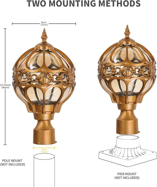 Globe Outdoor Post Light for Lawn Garden Patio, Brass Sphere Outside Pole Light Fixtures Waterproof Aluminum Lamp Post Light, Pier Mount Outdoor Lighting for 3" Pole Fence Deck, 1 Pack