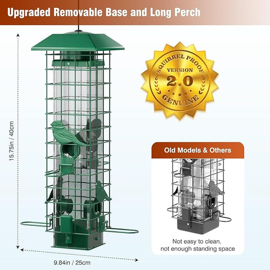 Squirrel Proof Bird Feeder, Metal Bird Feeders for Outdoors Hanging, Weight Activated, 3Lb Capacity, 4 Ports, All-Weather Tube Bird Feeder for Outside, Cardinal Finch Bluebird Wild Bird Feeder
