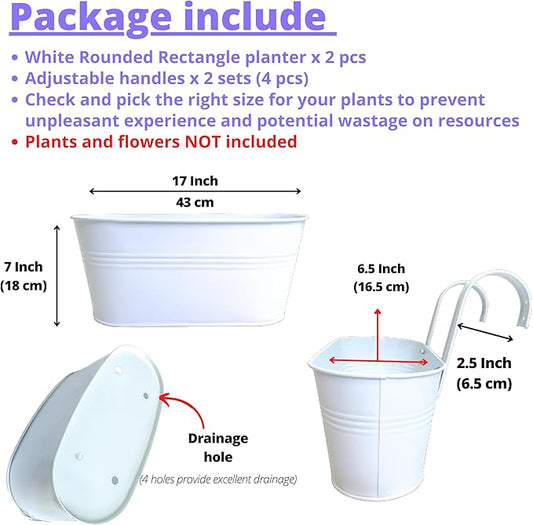 LaLaGreen Planter Boxes for Outdoor (2 Pack, 17 Inch) White Metal Deck Railing Hanging Flower Pots, Large Window Box Plant Holder Hooks Fence Rail Bucket Outside Boho Style Wall Mount Porch Herb Decor