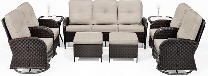 Joyside 9 Piece Patio Furniture Set, Outdoor Wicker Conversation Sets with Swivel Rocker Chairs and Sofa, Thick Cushion, Rattan Patio Sectional for Porch, Deck Use (Brown/Beige, 9 PCS)