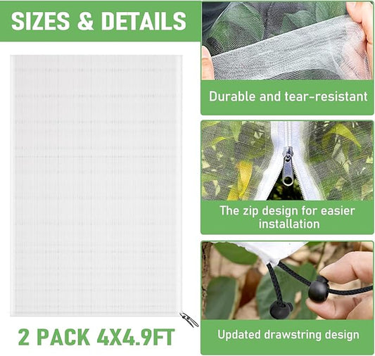 Fruit Tree Netting, Plant Mesh Netting for Garden Protection, Blueberry Bush Insect Netting Cover as Garden Pest Barrier from Cicadas, Bug, Bird (4.9x4 FT, 2Pcs, Zipper & Drawstring Design)