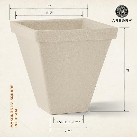 ARBORA 16" Mykonos Square Polyresin Indoor and Outdoor Planter with Classic Cream Finish - Durable, All Season, Weatherproof, Lightweight, Large Plant Pot for Patio, Garden, Deck, Entryway