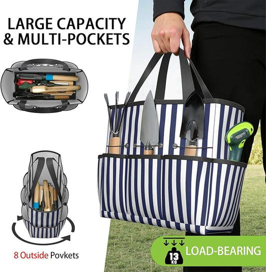 Classic Garden Tool Bag - Waterproof Blue Checkered Garden Tote with 8 Pockets, Large Storage Home Organizer Gardening Tool Oxford Bag for Garden Tools Kits Holder, Gardening Gift for Women & Men