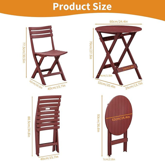 Patio Bistro Set, 3 Piece Plastic Folding Bistro Set, Portable Outdoor Patio Table and Chairs Set, Foldable Patio Furniture Set for Balcony, Porch, Backyard, Garden,Poolside (Red)