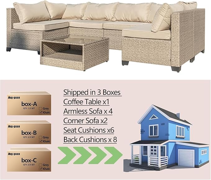 Patio Furniture Set 7-Piece, All-Weather Outdoor Conversation Set Sectional Sofa with Water Resistant Grey Thick Cushions and Coffee Table(Khaki)