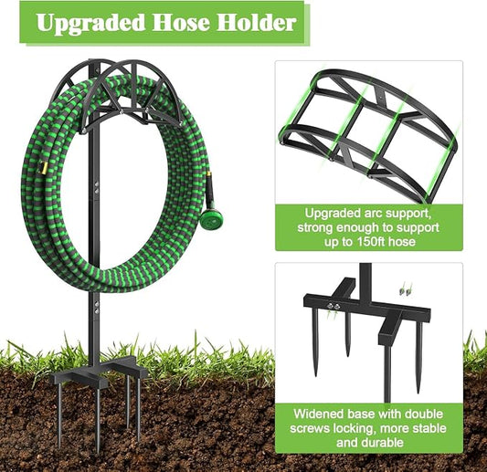 Mr IRONSTONE Garden Hose Holder Freestanding with 4 Spikes, Upgraded Water Hose Holder with Stainless Steel Screws, Heavy Duty Hose Stand Holds (Black)