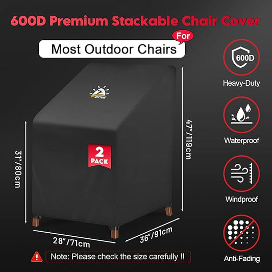 Zettum Stackable Patio Chair Cover 2 Pack - 600D Outdoor Chair Cover Waterproof & Heavy Duty, Lawn Furniture Stacking Seat Cover for 4 - 6 Outdoor Stackable Dining Chairs - 28 x 36 x 47 Inch