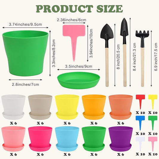 60 Pieces Plastic Planters 4 Inch Flower Pot with Trays Labels Multicolor Flower Plant Pots Plants Nursery Pots Flower Seedling Nursery Pots for Indoor Outdoor Plant, Herb, Succulent, 10 Color