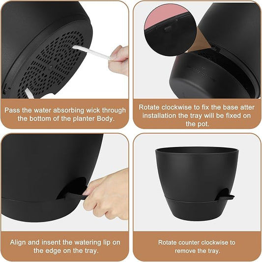 QRRICA Plant Pots 10/9/8/7.5/7 Inch Self Watering Pots, Set of 5 Plastic Planters with Drainage Holes and Saucers,Plastic Flower Pots,Nursery Planting Pot for Indoor Out Door Plants(All Black)