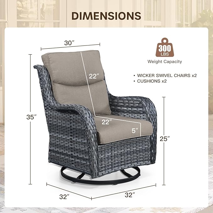 Patio Swivel Chair Set of 2, Resin Wicker Swivel Patio Glider Chairs with Smile-Shaped Cushions, High Back Luxury Swivel Patio Glider Chairs for Outdoor, Grey Wicker|Grey Cushions