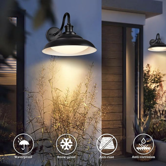 LED Outdoor Barn Lights, 12 Inch Farmhouse Exterior Wall Light Fixtures with Adjustable Color Temperature, Black Porch Lights Outside for House, Outdoor & Indoor, White Interior, 1 Pack