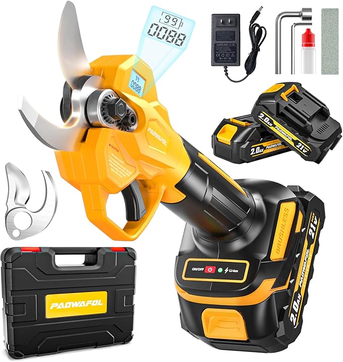 2.05"/ 56mm Electric Pruning Shears, Cordless Electric Scissors LCD Display&SK7 Blades, 21V Brushless Motor Branch Cutter with 2 PCS Rechargeable 2000mAh Batteries & 2 Blades (Yellow)
