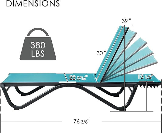 Kozyard Outdoor Chaise Lounge Chair, All Aluminum Frame, Fully Flat Adjustable Reclining Patio Lounger for Poolside, Sunbathing & Backyard, Textilene (Aqua, 2Chairs)