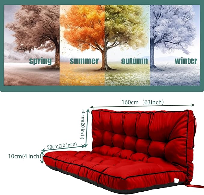 Replacement Cushions for Swing, Swing Cushions 3 Seater Replacement, Waterproof Thicken Washable Pad Cushion for Outdoor Indoor Furniture Swing Patio (red, 40x63 inch)