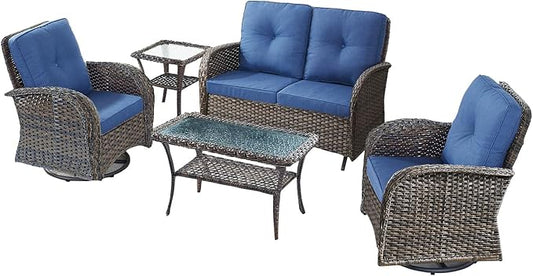 5-Piece Modern Wicker Patio Furniture Set - Outdoor Rocking Chairs, Glider Bench, Coffee Table - Brown/Blue
